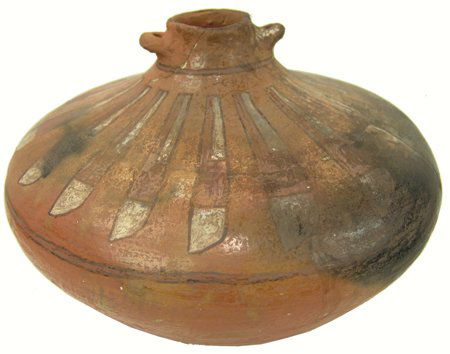 Early Hopi Pottery Jar: Prehistoric, Rare, early redware polychrome canteen with two lugs at the neck and white feathers on shoulder. Good condition, minor professional restoration. 7-1/2" x 10-1/2"