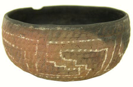 Salado Pottery Bowl: Preshistoric, Small corrugated Rugus redware bowl with painted white geometric designs. Very good, as-found condition. 2-3/4" x 5-1/4"
