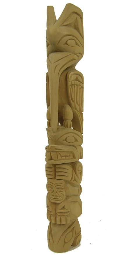 Northwest Coast Model Totem - Richard A Williams: Late 1900s, Classic, deep-relief carved, unfinished Nuu Chah Nulth Alderwood pole with raven and bear figures. Very good condition. 12" x 2" x 2"