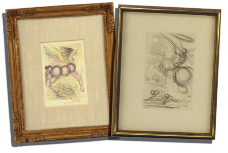 Salvador Dali: M/L 1900s, Pair of authenticated, original etchings, one with color and signed on the plate, the other in the stone. Both very good condition. Largest 8" x 5-1/2" (16-1/2" x 14" fr.)