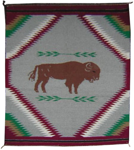 Navajo Rug/Weaving - Clarrisa Wayne: Ca. 1980s, Shiprock-area pictorial with buffalo figure in center of serrated diamond motif. 35" x 28"