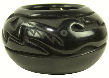 San Ildefonso Pottery Bowl - Margaret: Mid 1900s, Classic, deep carved blackware bowl with traditional Avanyu figure. Very good condition. 4" x 6-1/2"