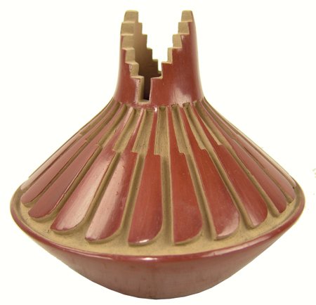 Santa Clara Pottery Jar - Anna Archuleta: Late 1900s, Exquisite, deep carved redware seed jar with beautiful radiating feather designs. Very good condition. 5" x 6"