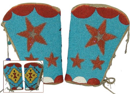 Plateau Beaded Cuffs: Ca. 1930s, Colorful pair of fully beaded cuffs with scalloped and geometric designs on one side and stars on the other. Very good condition. 9" x 6-1/4"