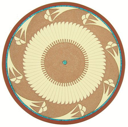 San Ildefonso Pottery Plate - John Gonzales: Ca. 2001, Very fine and beautiful, carved redware pottery plate with sgraffito feather design and a row of turquoise heshi around the edge. Very good condition. 1-1/4" x 12"