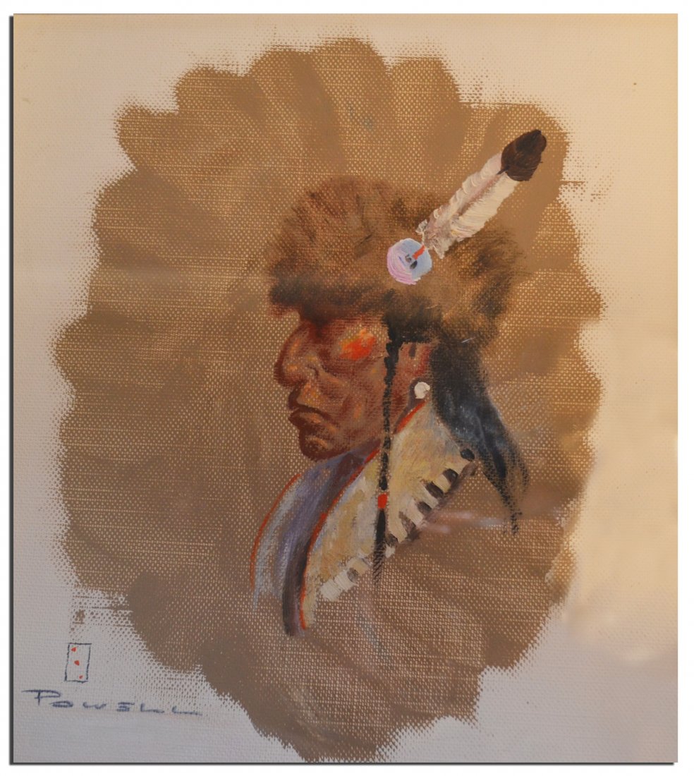 Ace Powell (1912-1978): Signed original oil on board of a solo Indian subject shown in profile. VG condition. Image 10" x 9". Ca. mid 1900's