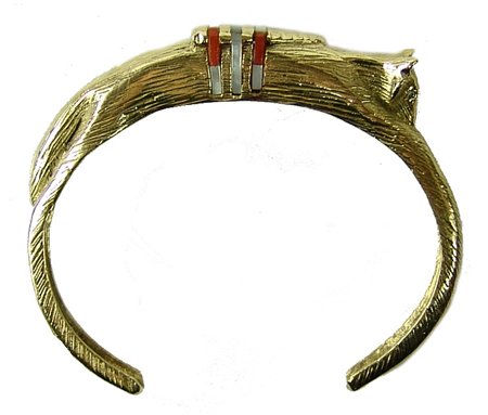 Gold Fox Bracelet - Michael Perez: 1980s, Fine original design hand wrought 14k gold bracelet with an incorporated fox fetish figure on top with coral and mother-of-pearl inlaid "medicine". Very good condition. By Mike Perez (White Buf