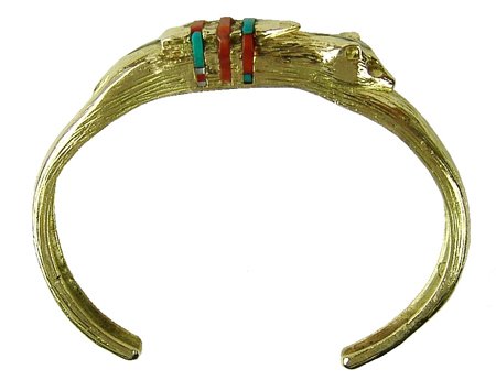 Gold Bracelet - Michael Perez (White Buffalo): Late 1900s, Very fine solid 14k gold bracelet with fox fetish on its back and inlaid with turquoise, coral, mother-of-pearl, etc. Very good condition. Total weight 1.025 ozt. 5-3/4" + 1" gap x 1/4" wi