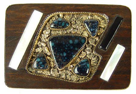 Zuni Buckle - Tim Bedah & B. Keedah: 1970s, Original design 14k gold, jet, shell, and walnut buckle set with 5 beautiful stones (that look like Lander's turquoise). Very good condition, shows some use. 2-1/2" x 3-1/2"