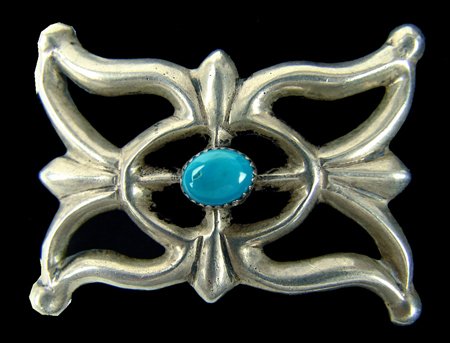 Navajo Belt Buckle - Nellie Tso: 1970s, Traditional design sandcast silver belt buckle with single turquoise stone. Very good condition. 2" x 2-1/2"