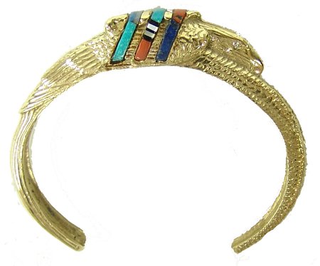 Solid Gold Bracelet - Michael Perez(White Buffalo): 1980s, Fantastic solid 14k gold bracelet with a parrot figure devised into the design and 3 rows of raised inlay turquoise, coral, lapis, and other stones. Very good condition. Total weight 1.025 ozt.