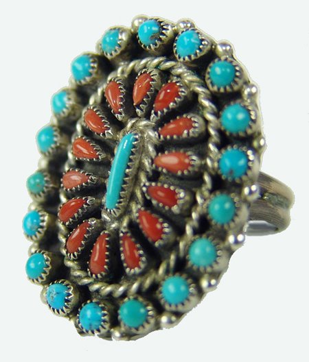 Zuni Ring - B & G Hattie: 1970s, Fine, all-silver petit-point ring with tiny turquoise and coral stones. Very good condition. 7