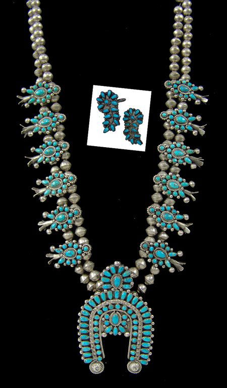 Zuni Necklace Set: 1970s, Very fine, vintage turquoise and silver petit-point squash blossom necklace with horseshoe pendant. Includes a pair of similar screw-back earrings. Very good condition, beautiful patina. 25", n
