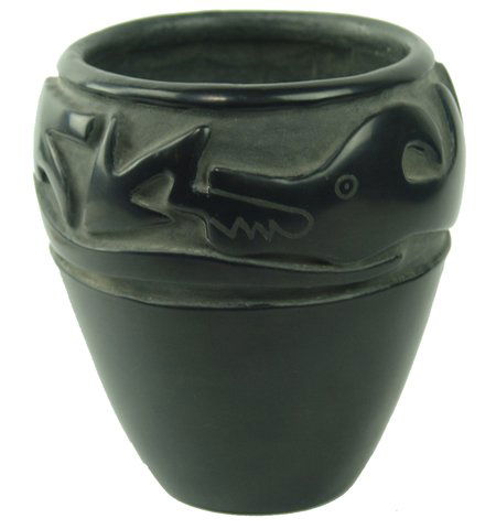 San Ildefonso Pottery Jar - Margaret Tafoya: Ca. 1950, Nice early deep-carved blackware jar with Avanyu serpent figure. Very good condition, signed. 6-1/2" x 5-1/2"