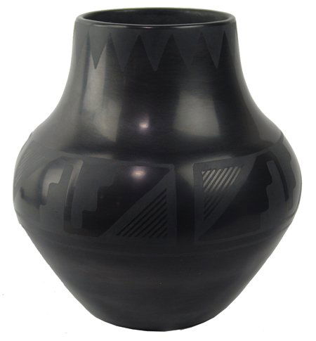 San Ildefonso Pottery Jar - Marie & Julian: Ca. 1960s, Beautiful tall black-on-black jar with geometric band around the shoulder. Very good condition. 9" x 8"