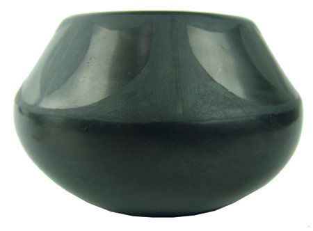 San Ildefonso Pottery Jar - Marie & Julian: Ca. 1960s, Fine black-on-black pottery jar with a traditional design band on the shoulder. Very good condition. 3-1/2" x 5"