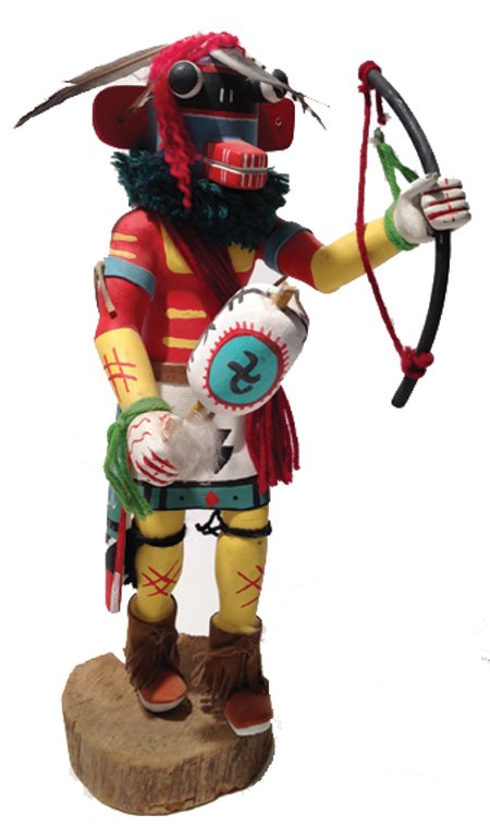 Hopi Katsina - Frank Ami: Ca. 1970, Classic "Old Man Warrior" katsina holding a rattle and bow. 17-1/2" x 6"