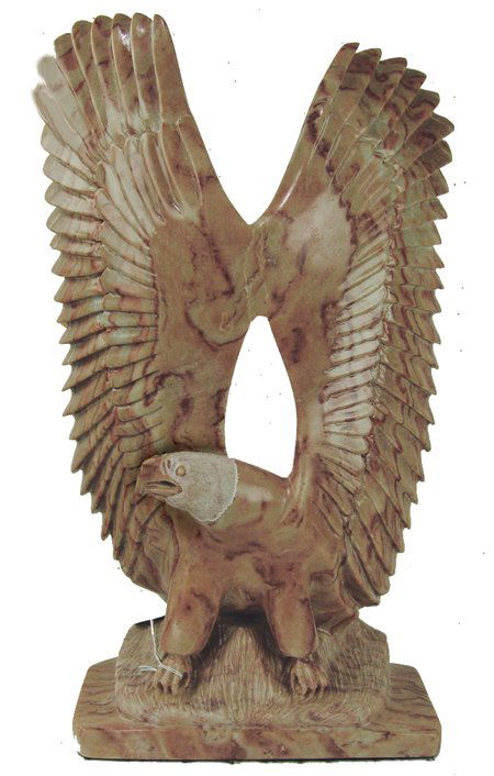 Navajo Sculpture - H. Yazzie: Ca. 2002, Large, strawberry alabaster eagle sculpture with raised wings; signed. Very good condition. 20-3/4" x 12-1/2" x 5"