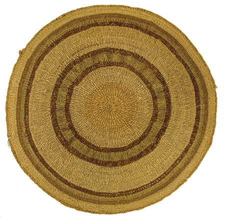 Klamath Basket: Early 1900s, Extra large soft weave gambling tray with simple 3-color banded design. Very good condition. 18-1/2"
