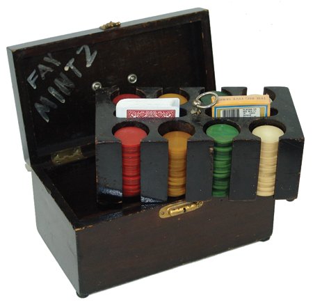 Antique Poker Chips: Ca. 1940s, Old hand crafted box with removable rack, containing approximately 200 chips, in four colors. Very good condition, the decks of cards are new. 6" x 10" x 6"