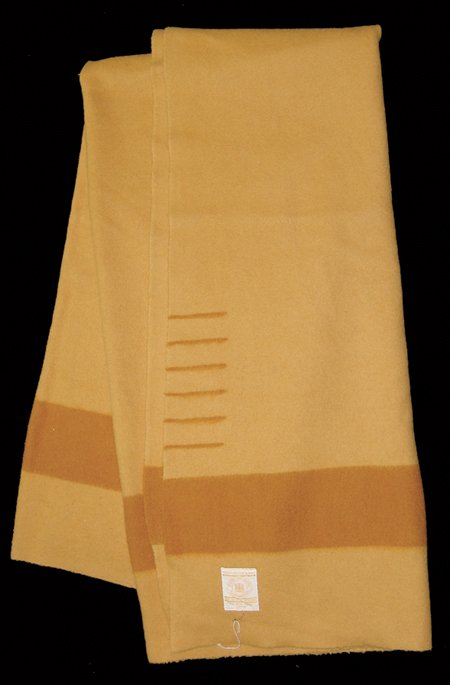 Hudson Bay Point Blanket: Mid 1900s, Rare gold colored six-point all-wool blanket with original tag. This is the larger six-point version. Very good condition. 98" x 87"