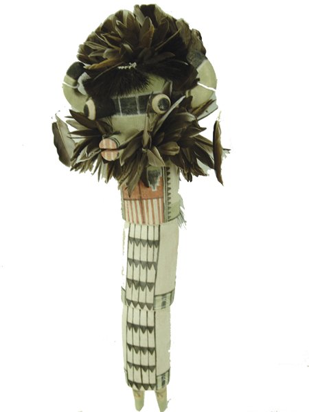 Hopi Katsina Carving - Randy Brokeshoulder: Early 2000s, Fine hand carved and painted cottonwood root "Shalako" katsina doll with elaborate feather headdress. Very good condition. 20" x 7"