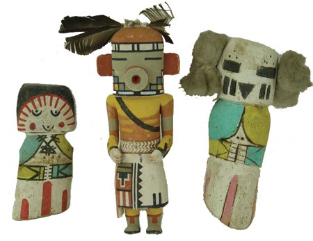 3 Hopi Katsina Carvings: Ca. 1960, Collection of three small vintage hand carved and painted cottonwood root "Route 66" dolls. All in good condition. Largest 8-1/2" x 3"