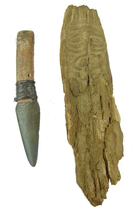 2 Excavated NW Artifacts: Various, An Eskimo slate knife with bone handle, plus a carved wooden section that is very fragile. Knife 6-1/4" x 1-1/4", Wood 9" x 2-1/2"