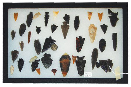 Artifact Collection: Various, Frame of obsidian and stone points, tools, and more; found in Southern Nevada near Pyramid Lake. 8-1/4" x 12-1/4"