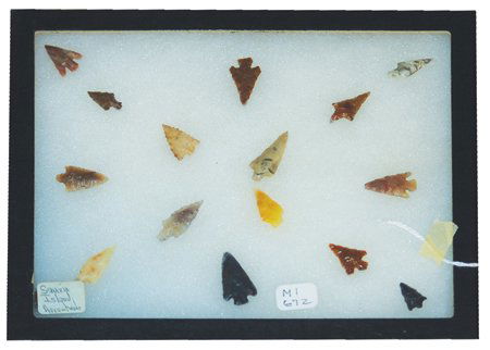 Artifact Collection: Various, Framed collection of 15 Columbia River bird points from Sauvies Island. Some in very good condition. 6-3/4" x 8-3/4"