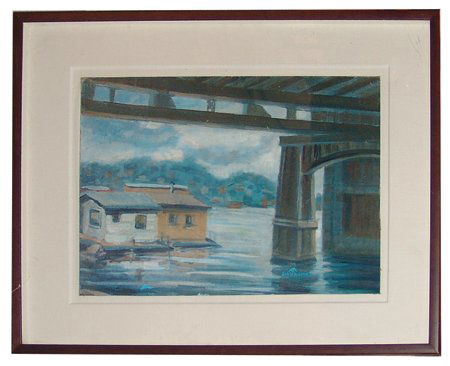 Emil Bisttram (1895-1976): Ca. 1957, Signed original watercolor depictng a house boat under a bridge. This is the result of a painting he did as a demonstration at his school in Taos, New Mexico. 17" x 23" (27" x 33" framed)