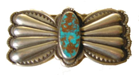 Navajo Pin Set - Edison Sandy Smith: Ca. 1960s, Sterling silver Navajo pin set with a single Bisbee turquoise stone. Traditional design and heavy weight, stamped "ESS," for Edison Sandy Smith, who also works in gold. Very good condition,
