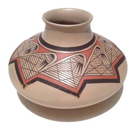 Hopi Bowl - James Nampeyo: Mid 1900s, Beautiful polychrome cream slip bowl in classic Nampeyo family motif with fineline and bird designs. 5-1/2" x 7-1/2"