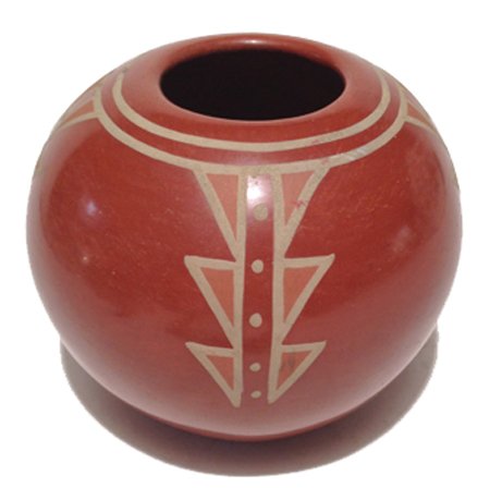 Santa Clara Bowl: Ca. 1960s, Fine polished redware bowl with stacked arrow point motif, signed. Excellent condition. 4-1/2" x 5"