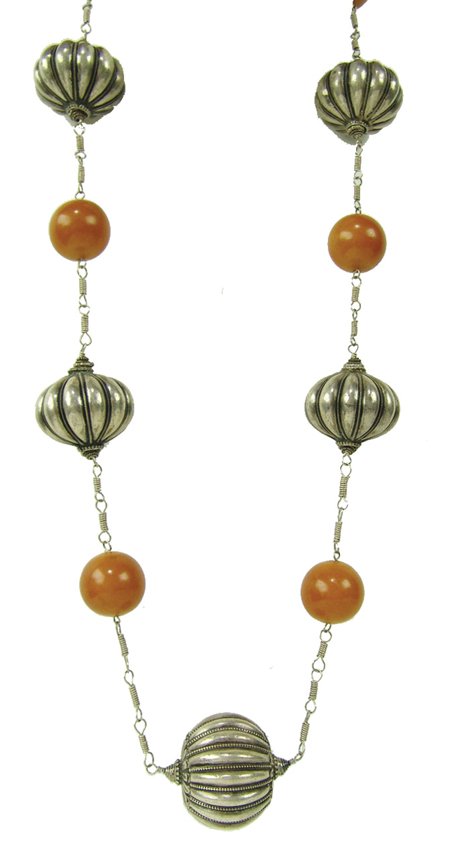 Antique Bead Necklace: Various, Beautiful necklace of round cobalt amber beads and handmade silver(?) repoussé beads from Bali - strung on hand wound silver wire link chain. Very good condition. 44", balls 2" x 2"