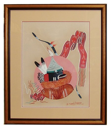 Michael Chiago (B-1946): Ca. 1990, Signed original gouache painting titled "Proud War Kachina." Very good condition. 19" x 15" (27-1/2" x 23-1/2" framed)