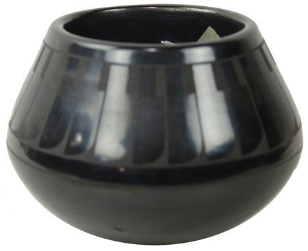 San Ildefonso Pottery Jar - Juan Tafoya: Ca. 1998, Traditional matte black-on-black pottery jar with radiating feather motif. Very good condition. 3-3/4" x 5"