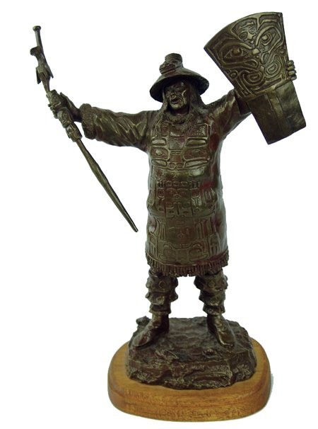 NW Coast Bronze: Ca. 1980s?, Beautiful limited edition #2/24 solid bronze sculpture titled "Potlatch Prayer," the chief shown holding a "copper" and a staff marked "Hinote." Very good condition. 11" x 8"