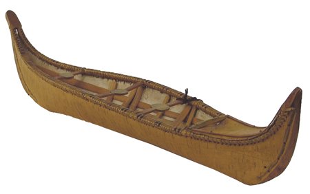 Sub-Artic Model Canoe: Late 1800s, Very old handcrafted wood and birch bark "Dog Rib" canoe with basketry edges, probably Salish. Very good condition, great patina. 5-1/2" x 21" x 5"