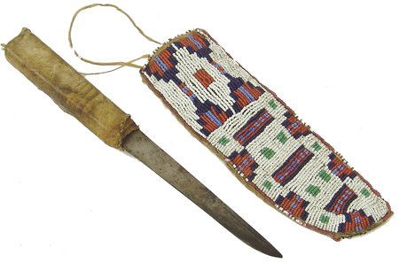Plateau Beaded Sheath: Ca. 1940s, Colorful sinew sewn and lazy stitch beaded rawhide knife sheath with geometric pattern and old skinning knife with rawhide wrapped handle. 8-1/2" x 3"