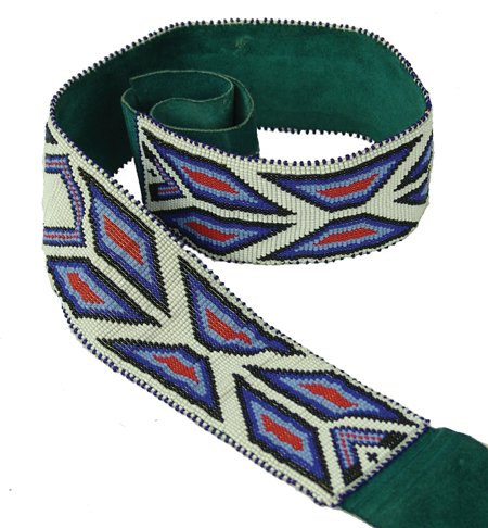 Beadwork Display: Ca. 1970s, Colorful loom beaded belt with striking chevron/diamond pattern. Very good condition. 48" x 2-1/2"