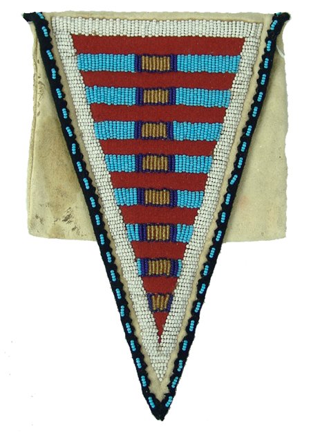 Crow Beaded Bag: Mid/Late 1900s, Traditional white buckskin "tail bag" with triangular flap. Very good condition. 9" x 5-1/2" (pouch 5" x 5-1/2")