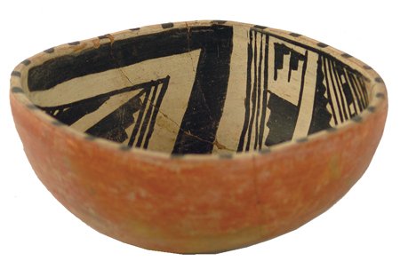 Anasazi Pottery Bowl: Prehistoric, Rare square-ish Gila polychrome bowl with striking interior designs. Very good condition, glued, but not restored. 3" x 6"