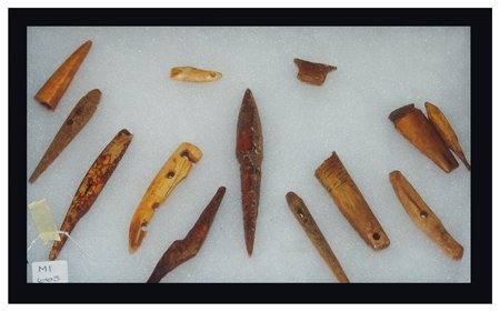 Eskimo Bone Artifacts: Various, Riker mount with several great old excavated carved bone tools and artifacts. Various conditions. 8" x 12"