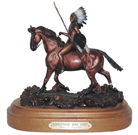 James P. Regimbal (B-1949): Late 1900s, Beautiful limited edition (#12/50) bronze sculpture, "Equestrian War Chief." Very good condition. 11" x 11"