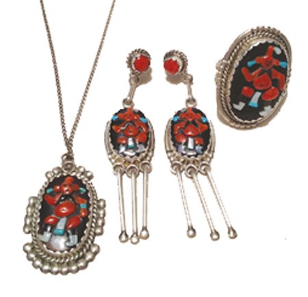 Zuni Jewelry Set: Ca. 1960s, Classic design four-piece set includes a ring, earrings, and necklace; inlaid mudhead figure on jet set in sterling. Hallmark ARP & JC. Ca. 1960s