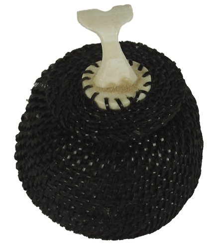 Eskimo Baleen Basket - Greg Tagarook: Ca. 1970s, Small lidded basket made from whale gill with carved ivory whale tail handle. Very good condition. 2-1/2" x 3"