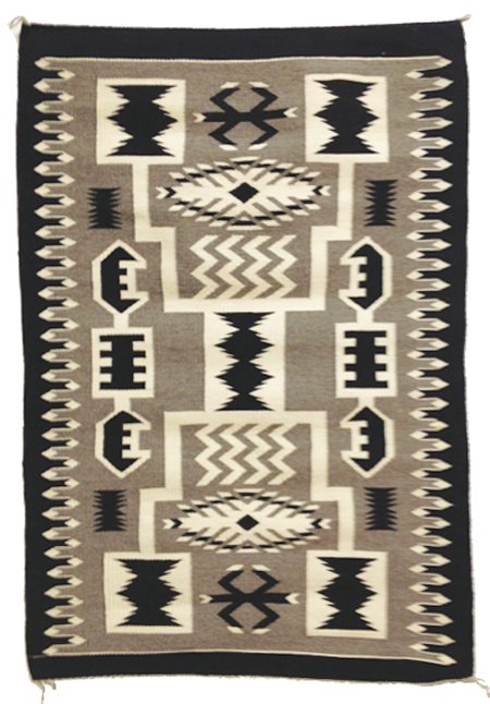 Navajo Rug/Weaving: Mid 1900s, Exceptional all natural home spun wool rug in storm pattern design with water bug figures; extra tight weave. 40" x 27"