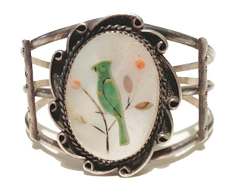 Zuni Bracelet: Mid 1900s, Beautiful three-band sterling bracelet with oval shell set with stone-to-stone turquoise bird on floral branch, set in shadow box with rope bezel. 5-1/8" + 7/8" gap x 1-1/2" wide