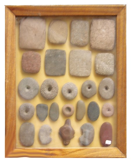 NW Coast Stone Artifacts: Various Ages, Framed collection of 25 different Columbia River and other stone weights, pallets, banner stones, etc. Various conditions. Varied